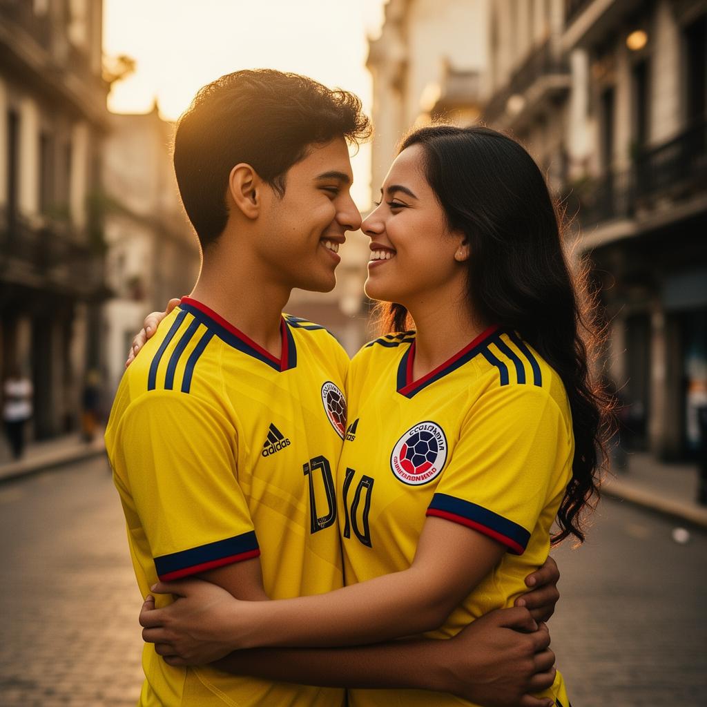 Pareja colombiana vistiendo la camiseta