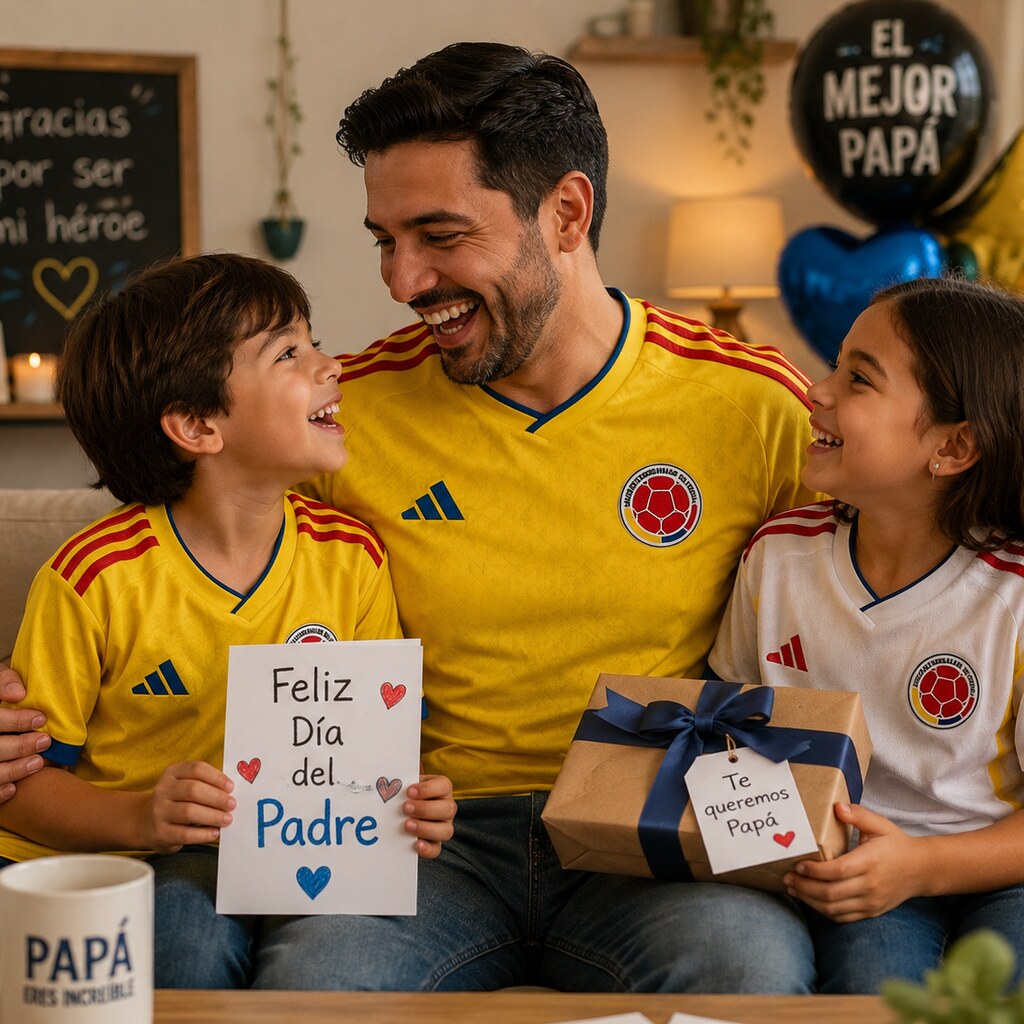 Padre e hijo colombianos vistiendo la camiseta de la Selección